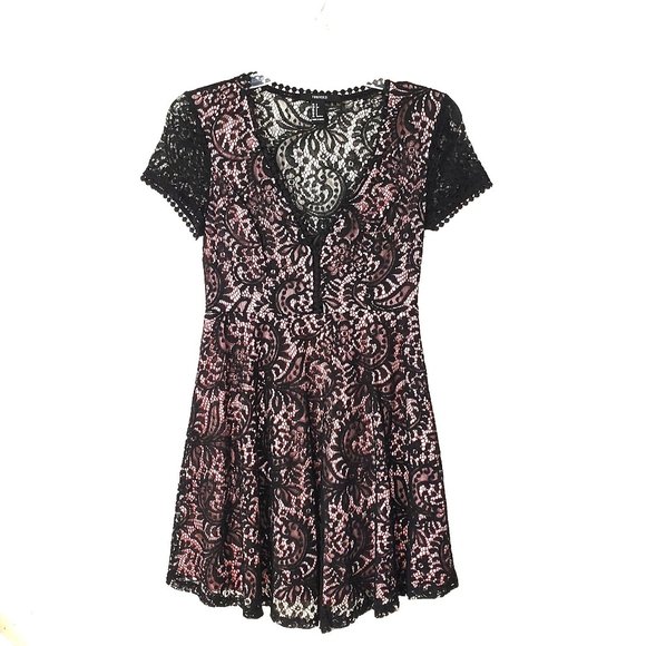 Forever 21 Black & Pink Floral Lace Dress Size Small - Picture 1 of 10